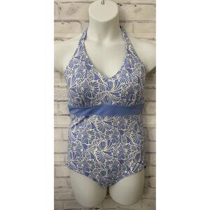 L.L.‎ Bean Size 18 Long Blue White Halter One Piece Swimsuit Slimming New
